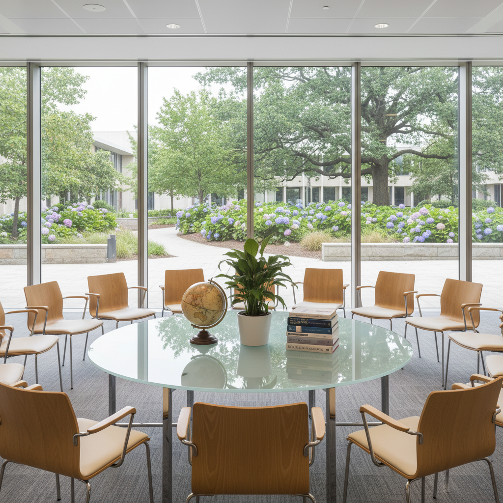 A spacious, modern university seminar room without people, where chairs are arranged in a perfect circle around a low central table. On the table lie a globe, a stack of multilingual peace education books, and a small plant with vibrant green leaves in a simple white pot. Floor-to-ceiling windows reveal a tranquil campus garden outside. Soft overcast daylight diffuses evenly across the scene, minimizing harsh shadows and emphasizing clarity. Captured from a slightly elevated angle with sharp focus throughout, the image feels balanced, open, and inviting. The photographic style is clean and professional, highlighting the room as a dedicated space for dialogue, reflection, and peaceful coexistence within the university community.