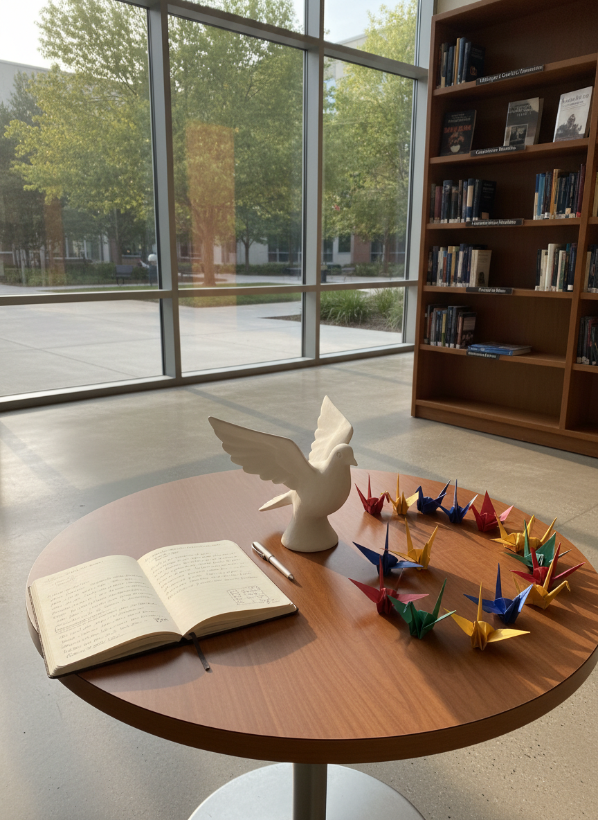 A circular wooden table in a bright university atrium, covered with neatly arranged symbols of peace culture: a white ceramic dove sculpture with a matte finish, an open notebook filled with handwritten reflections, and colorful origami cranes forming a gentle spiral. In the background, large glass windows reveal a leafy campus courtyard and a soft-focus bookshelf with academic volumes on dialogue and coexistence. Late-afternoon natural light pours in, creating warm highlights on the wood grain and soft, elongated shadows. Photographed at eye level with a subtle shallow depth of field, the mood is calm, thoughtful, and professional, with clean photographic realism that reflects an academic yet welcoming space for peace education.
